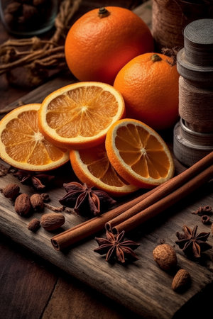 Slices of orange, cinnamon and anise on wooden backgroundの素材