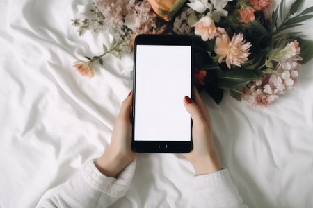 Top view of female hands holding smartphone with blank screen and flowers on bed. mock upの素材
