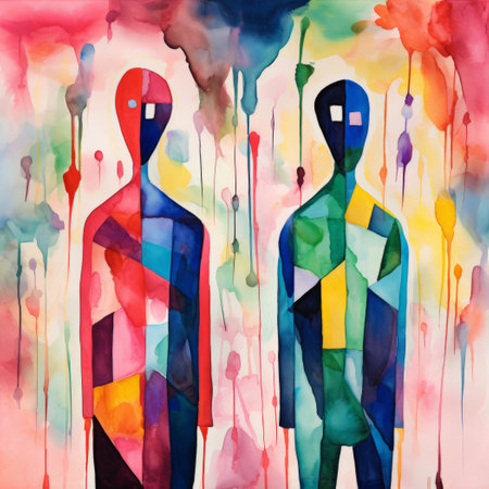 Watercolor illustration of a group of people with abstract colorful background.の素材