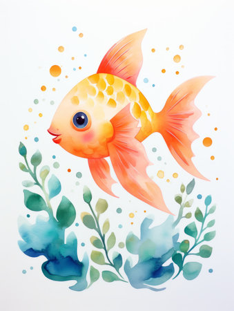 Illustration with goldfish in watercolor style on white background.の素材