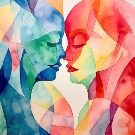 Double exposure portrait of two beautiful women with colorful watercolor abstract backgroundの素材