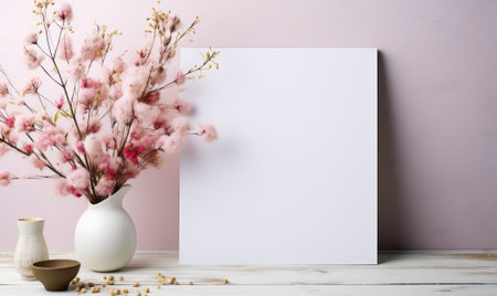 Blank white frame with spring flowers in vase on wooden tableの素材