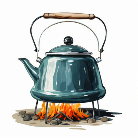 Kettle on the fire. Vector illustration isolated on white background.の素材