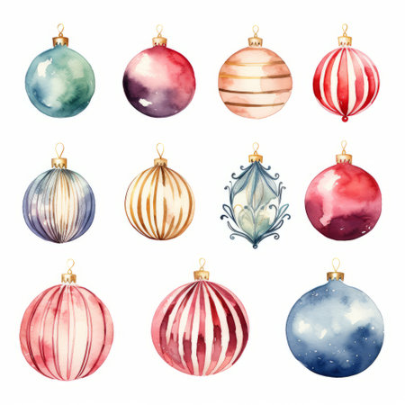 Watercolor Christmas balls set. Hand painted illustration isolated on white backgroundの素材