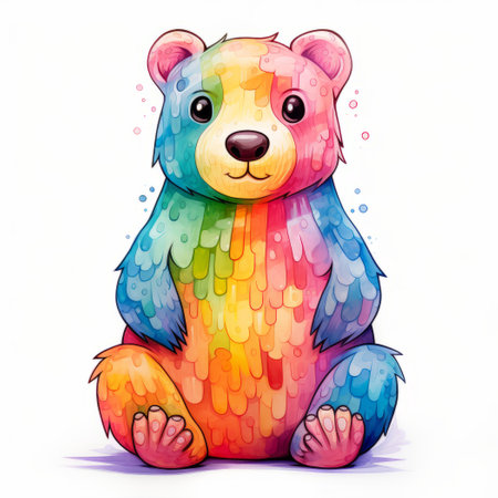 Illustration of a cute cartoon bear sitting on a white background.の素材