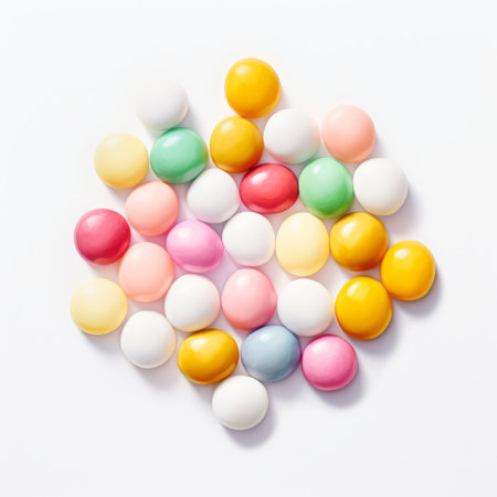 Colorful candies on white background. Flat lay, top viewの素材
