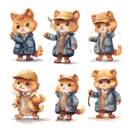 Cute ginger cat in coat, hat and scarf. watercolor illustrationの素材