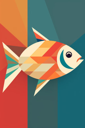 Illustration of a stylized fish on a multicolored backgroundの素材