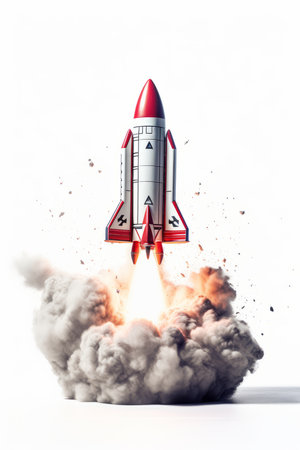 Rocket taking off into the sky. 3D illustration. white background.の素材