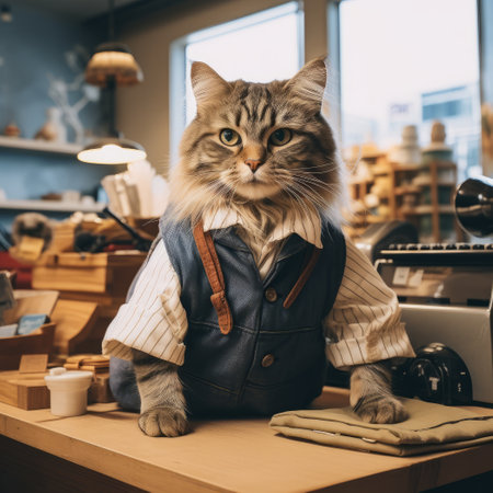 Cute maine coon cat in a leather jacket in a cafe.の素材