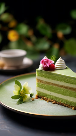 Green tea mousse cake with fresh berries and whipped cream on dark backgroundの素材