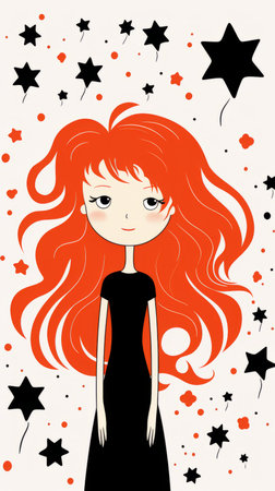 Cute girl with red hair in black dress. vector illustration.の素材