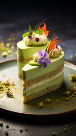 Pistachio cake decorated with edible flowers and mint leaves.の素材