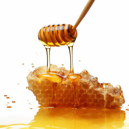 Honey dripping from a wooden honey dipper isolated on white backgroundの素材