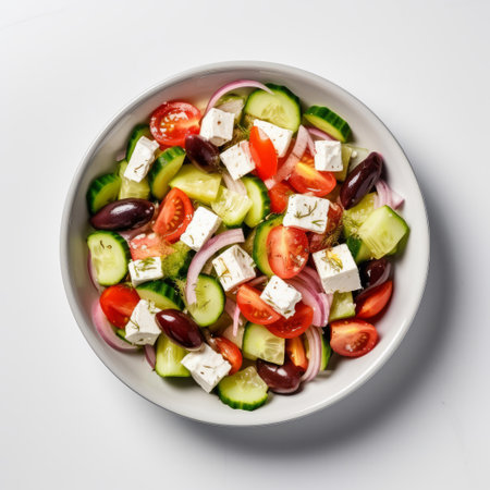 Greek salad with feta cheese, tomatoes, cucumbers and red onion on white backgroundの素材