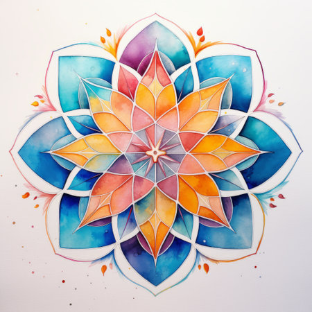 Colorful watercolor flower mandala on white background. hand drawn illustrationの素材