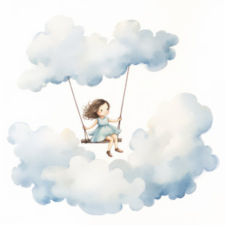 Cute little girl on a swing in the clouds. watercolor illustrationの素材