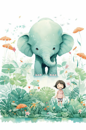 cute little girl and elephant in the jungle - illustration for childrenの素材