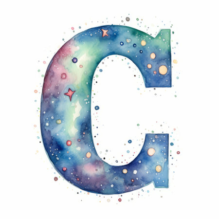 Watercolor letter C. Hand drawn watercolor alphabet with stars and dots.の素材