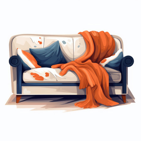Sofa with pillows and knitted plaid. Vector illustrationの素材