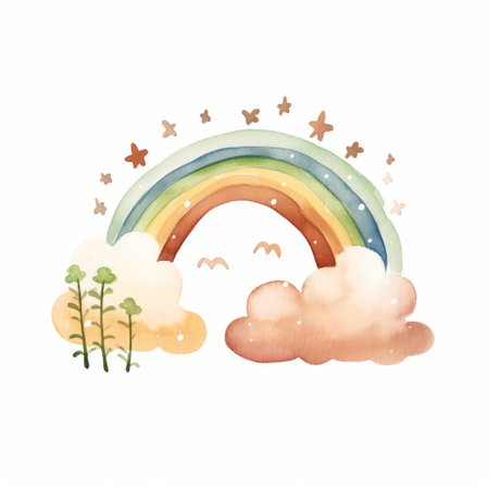 Watercolor rainbow and clouds on white background. Hand drawn illustration.の素材
