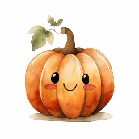 Cute kawaii pumpkin isolated on white background. Watercolor illustrationの素材