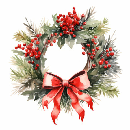 Christmas wreath with red bow. Watercolor illustration isolated on white backgroundの素材