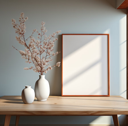 Minimalistic living room interior with mock up poster frame and vase. 3d renderingの素材