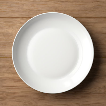 Empty white plate on wooden background. top view 3d renderingの素材