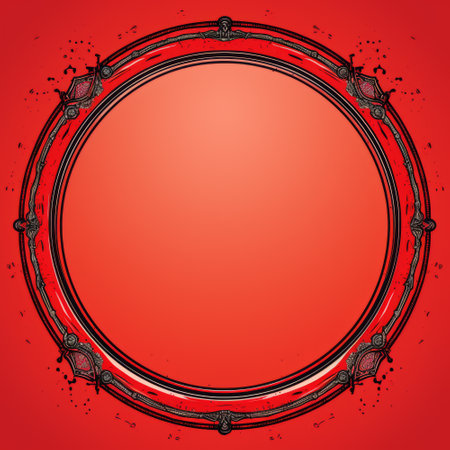 Red round frame on a red background with splashes and blotsの素材