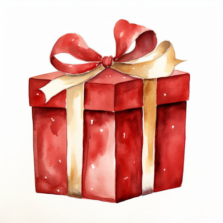 Watercolor illustration of a red gift box with a bow on a white backgroundの素材