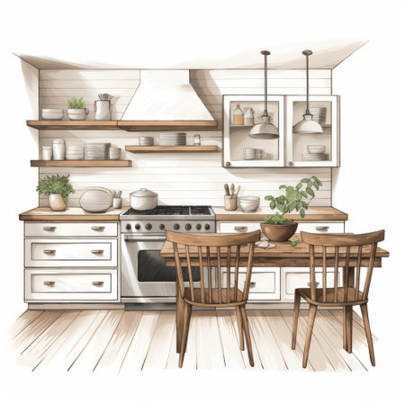 Kitchen interior with furniture. Vector illustration in a cartoon style.の素材