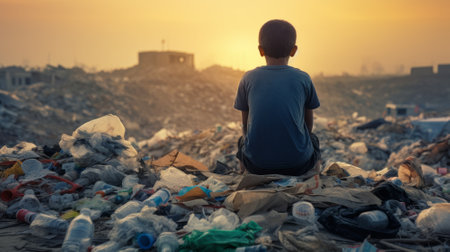 Poor man sitting on the garbage dump at sunset. Poverty concept.の素材