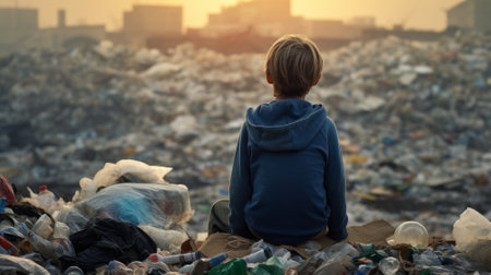 Little boy sitting on the garbage dump. Pollution environment concept.の素材