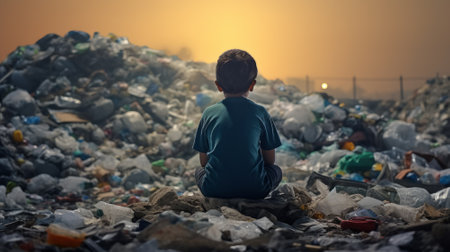 Little boy sitting on garbage dump and looking at the sunset or sunriseの素材