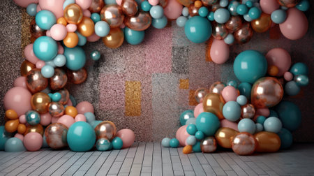 3d rendering of colorful balloons in a room with concrete wall.の素材