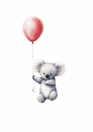 Cute koala with red balloon isolated on white background. Hand drawn illustration.の素材