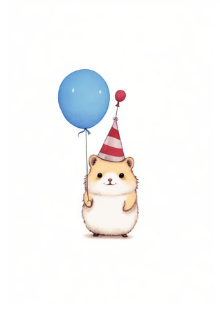 Cute hamster with party hat and balloon isolated on white backgroundの素材