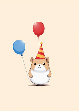 Cute hamster with party hat and balloons. Vector illustration.の素材
