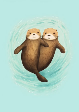 Two cute otters on a blue background. Hand drawn illustration.の素材
