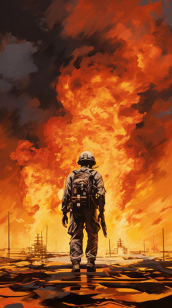 Soldier in the midst of a huge fire. 3d renderingの素材