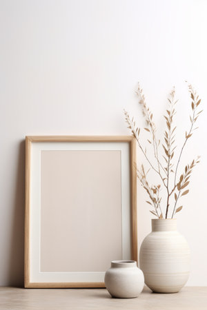 Wooden frame mockup with dried flowers in vase on white backgroundの素材