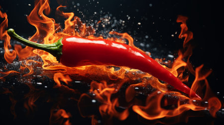 Red hot chili pepper on a black background with flames. Copy space.の素材