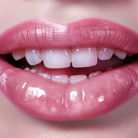 Close-up of beautiful female lips. Perfect teeth. Beauty and fashion. Teeth care.の素材