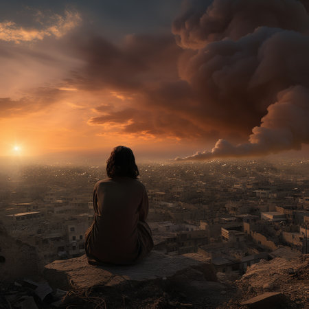 Woman sitting on the edge of a cliff overlooking the city at sunsetの素材