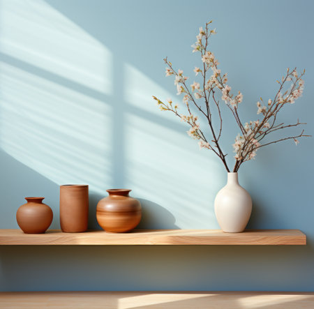 Vase with flowers on a shelf in the interior. 3d renderingの素材