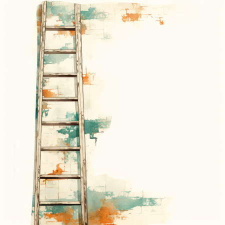 Ladder on the wall with watercolor paint splashes. grunge backgroundの素材