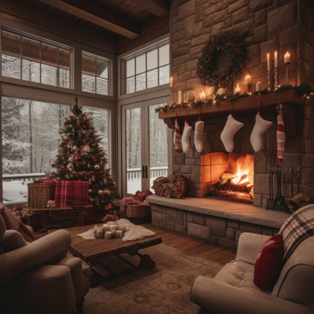 Beautiful living room with fireplace and christmas tree. 3d renderingの素材