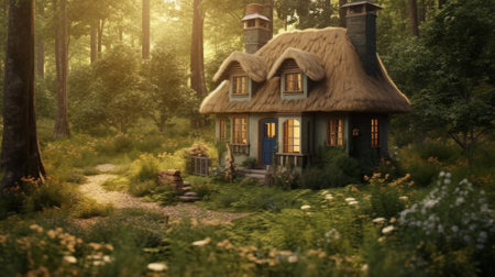3d rendering of a fantasy house in the forest with grass and flowersの素材