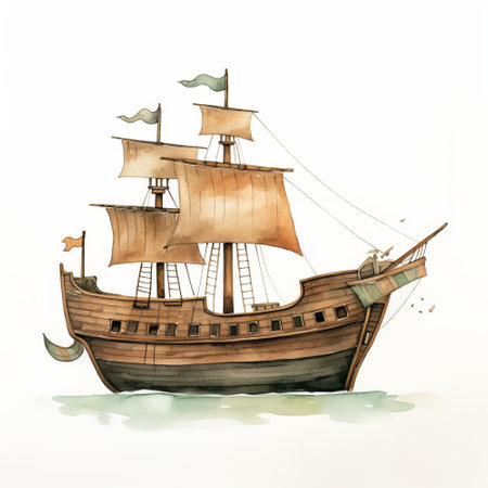 Watercolor illustration of an old wooden pirate ship, isolated on white background.の素材
